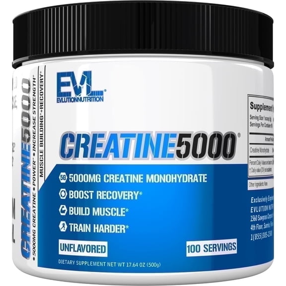 Evlution Nutrition Creatine 5000 - Supports Faster Recovery, Lean Muscle Growth & Performance - Pre & Post Workout Powder - 5000mg Pure Creatine Monohydrate Per Serving - 100 Servings - Unflavored