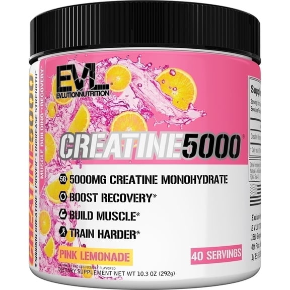 Evlution Nutrition Creatine 5000 - Supports Faster Recovery, Lean Muscle Growth & Performance - Pre & Post Workout Powder - 5000mg Pure Creatine Monohydrate Per Serving - 40 Servings - Pink Lemonade