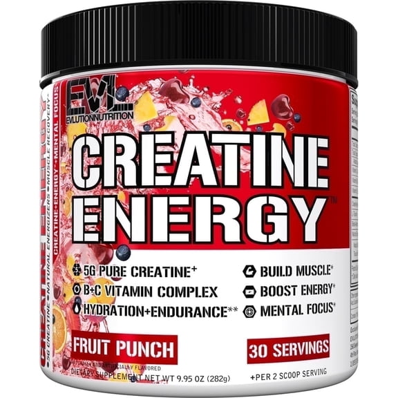 Evlution Nutrition Creatine Energy - Supports Muscle Growth, Boosts Energy, Endurance & Cognition - 5g Pure Creatine Monohydrate Per Serving - B + C Vitamin Complex - 30 Servings - Fruit Punch