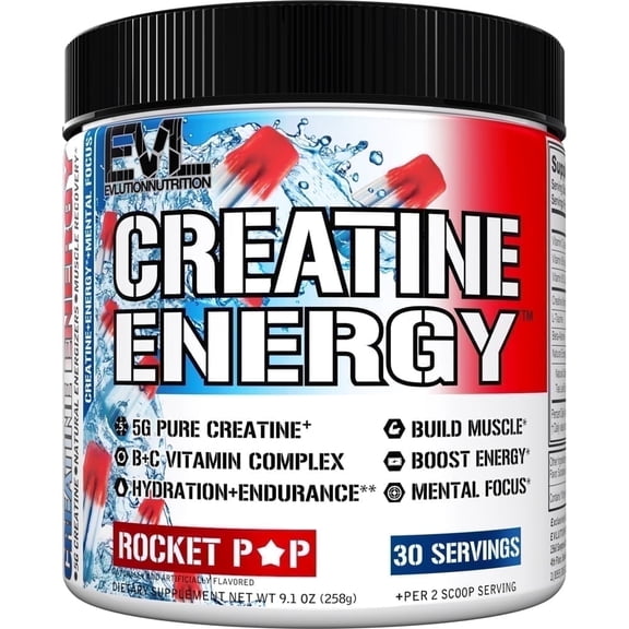 Evlution Nutrition Creatine Energy - Supports Muscle Growth, Boosts Energy, Endurance & Cognition - 5g Pure Creatine Monohydrate Per Serving - B   C Vitamin Complex - 30 Servings - Rocket Pop