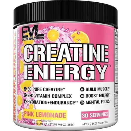 Evlution Nutrition Creatine Energy - Supports Muscle Growth, Boosts Energy, Endurance & Cognition - 5g Pure Creatine Monohydrate Per Serving - B   C Vitamin Complex - 30 Servings - Pink Lemonade