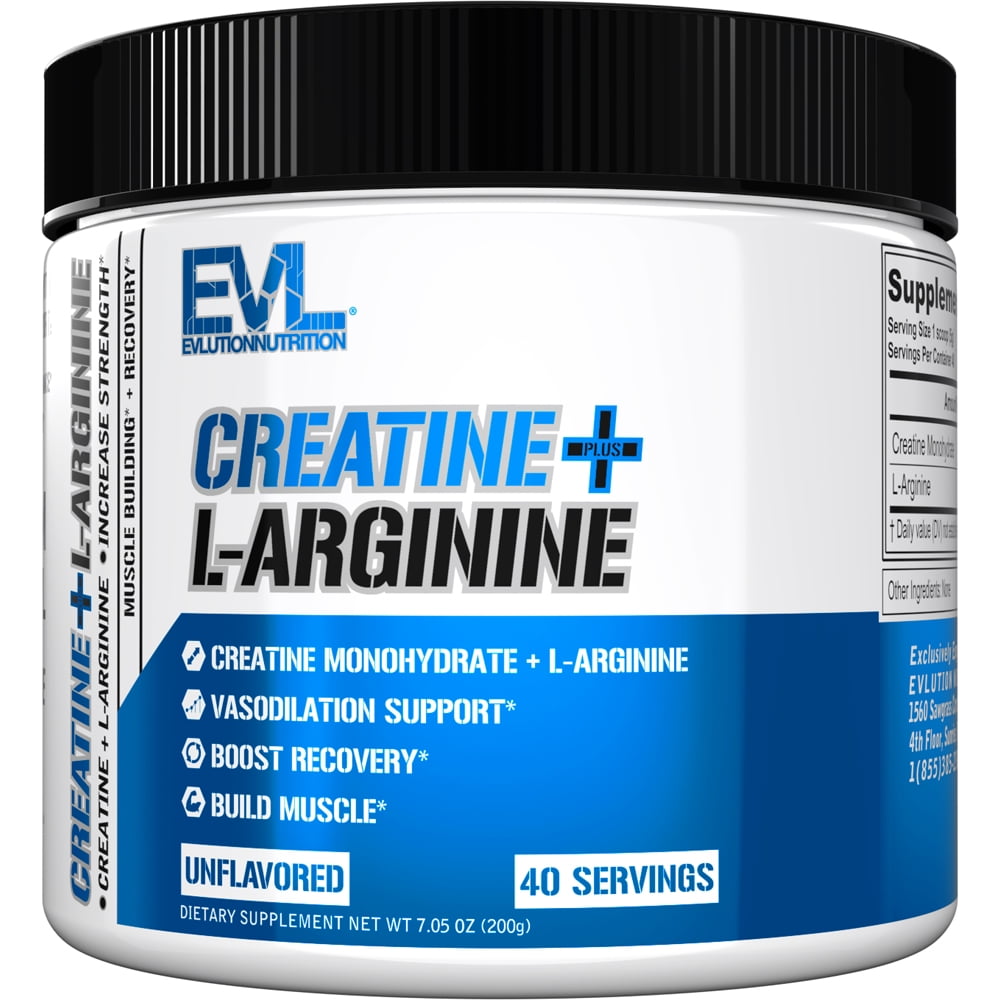 Evlution Nutrition Creatine + L-Arginine - Supports Vascularity, Recovery & Lean Muscle Growth  - 2500mg Creatine Monohydrate & 2500mg L-Arginine Per Serving - 40 Servings - Unflavored Powder