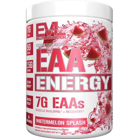 Evlution Nutrition EAA Energy - Pre & Post Workout Powder - Muscle Building & Recovery Supplement - 7g Essential Amino Acids + 5g BCAAs - Clean Energy -With Caffeine - 30 Servings - Watermelon Splash