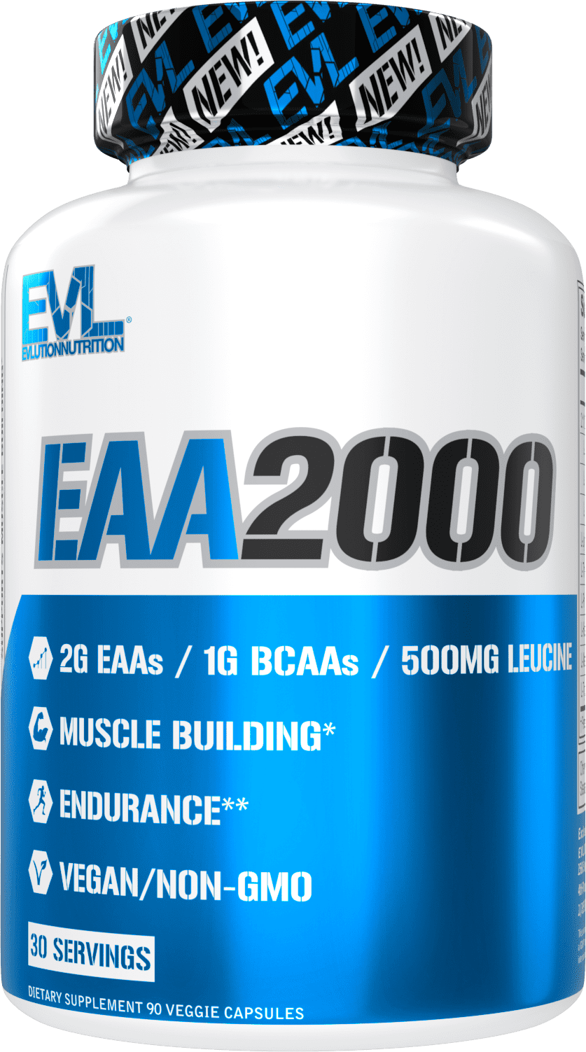 Evlution Nutrition EAA2000 - Pre & Post Workout Capsules - Muscle Building + Recovery Supplement - 2g Essential Amino Acids + 1g BCAAs - Endurance + Energy Support - 30 Servings