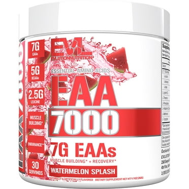 Evlution Nutrition EAA7000 - Pre & Post Workout Powder - Muscle Building   Recovery Supplement - 7g Essential Amino Acids   5g BCAAs - Endurance   Energy Support - 30 Servings - Watermelon Splash