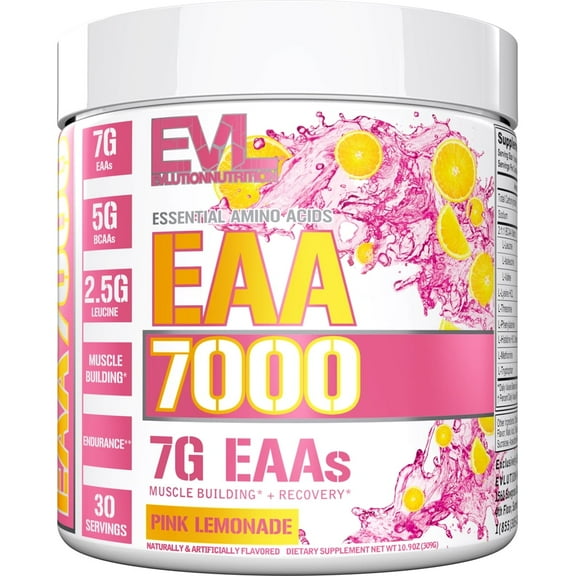 Evlution Nutrition EAA7000 - Pre & Post Workout Powder - Muscle Building + Recovery Supplement - 7g Essential Amino Acids + 5g BCAAs - Endurance + Energy Support - 30 Servings - Pink Lemonade
