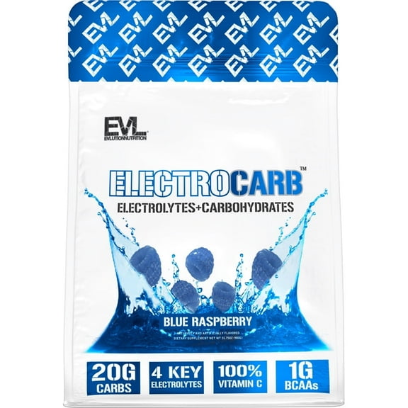 Evlution Nutrition ElectroCarb - Electrolytes + Carbohydrates - Hydration Support, Endurance & Muscle Recovery - 20g Carbs, 4 Key Electrolytes & 1g BCAAs - Blue Raspberry - 30 Servings