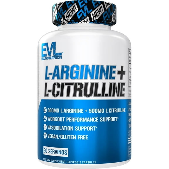 Evlution Nutrition L-Arginine + L-Citrulline - Endurance + Workout Performance Supplement - 1000mg Complex - Vasodilation + Nitric Oxide Support - Vegan + Gluten Free Capsules - 60 Servings