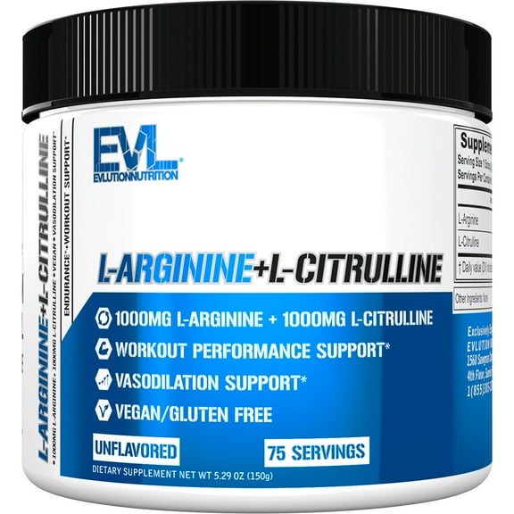 Evlution Nutrition L-Arginine   L-Citrulline - Endurance   Workout Performance Supplement - 2000mg Complex - Vasodilation   Nitric Oxide Support - Vegan   Gluten Free Powder - 75 Servings