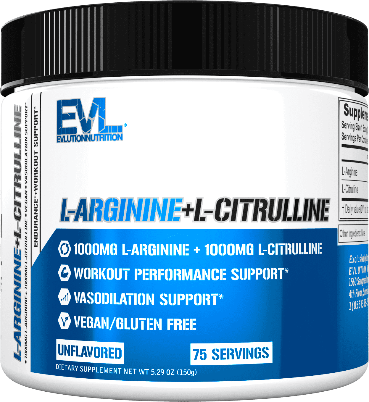 Evlution Nutrition L-Arginine + L-Citrulline - Endurance + Workout Performance Supplement - 2000mg Complex - Vasodilation + Nitric Oxide Support - Vegan + Gluten Free Powder - 75 Servings