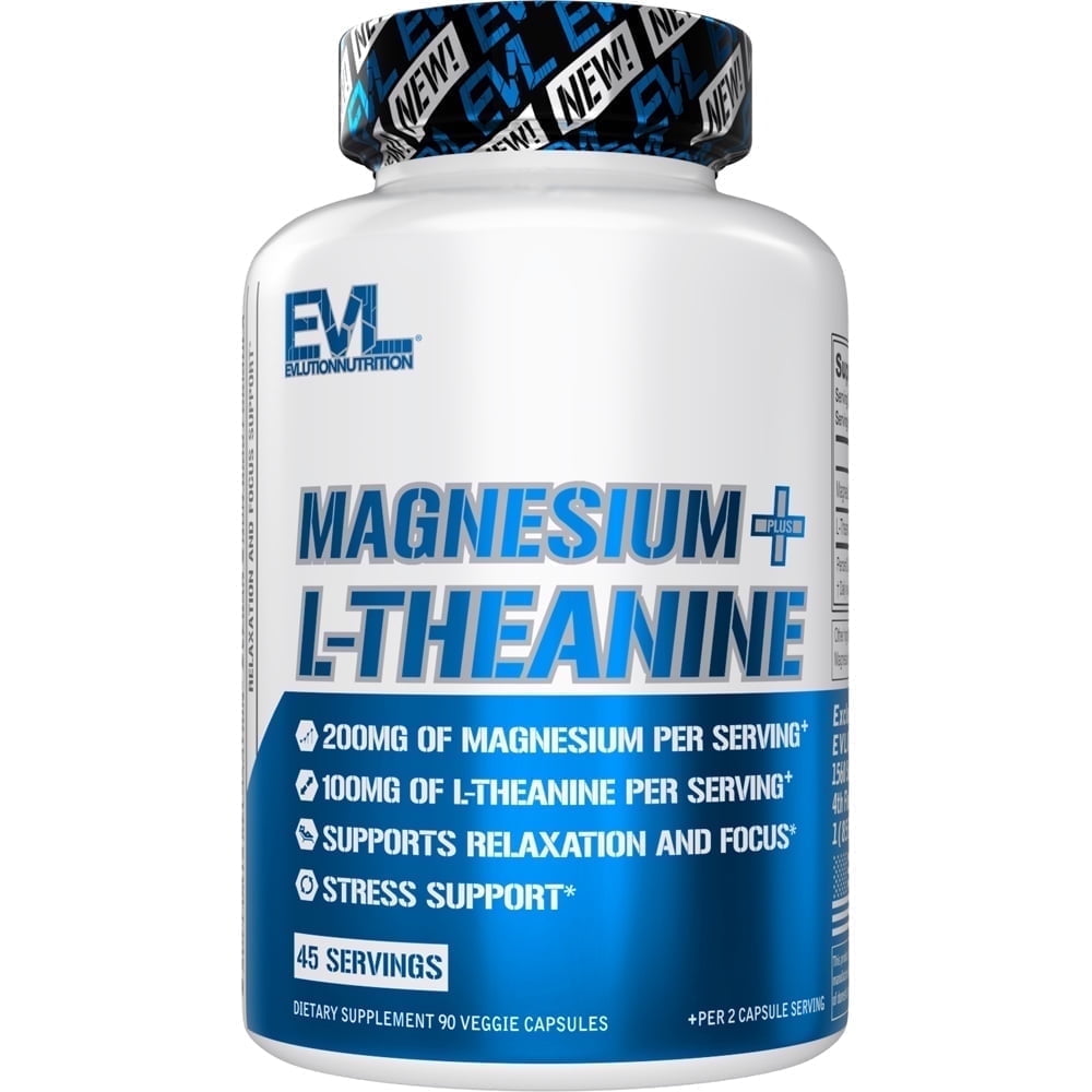 Evlution Nutrition Magnesium + L-Theanine - Natural Relaxation & Focus Support - 200mg Magnesium + 100mg L-Theanine - Vegan & Non-GMO - Dietary Supplement - 45 Servings - 90 Veggie Capsules