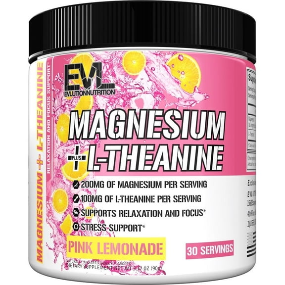 Evlution Nutrition Magnesium + L-Theanine - Natural Relaxation & Focus Support - 200mg Magnesium + 100mg L-Theanine - Vegan & Non-GMO - Powder Dietary Supplement - 30 Servings - Pink Lemonade