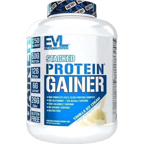Evlution Nutrition Stacked Protein Gainer, 50 Grams Whey Protein Powder Complex, 250 Grams Carbohydrates, Build Muscle, Recovery, Post Workout, Gluten-Free - 6 lb