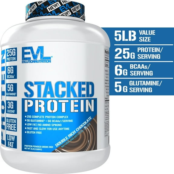 Evlution Nutrition Stacked Protein Protein Powder with 25 Grams of Protein, 6 Grams of BCAAs and 5 Grams of Glutamine (Double Rich Chocolate, 5 LB)