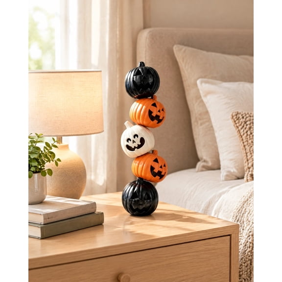 Evlvelym Stacked Halloween Pumpkin Tabletop Decor, 5 Pcs Jack O Lantern Figurine, Manual Stackable Pumpkin Column Ornament, Holiday Decor For Mantel, Porch, Tabletop And Staircase
