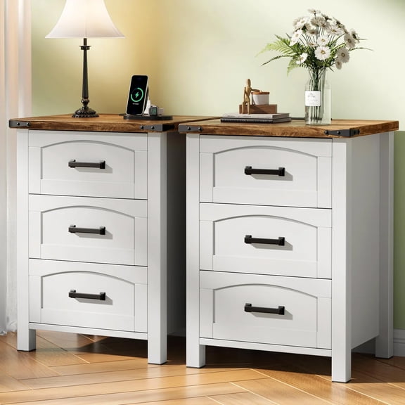 Evmore 3-Drawer Nightstand Set with Charging Station, 18" Farmhouse Bedside Tables with USB-C & USB Ports, Rustic White Wood End Tables with Spacious Storage for Bedroom