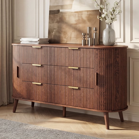 Evmore 55" 6-Drawer Dresser with Sliding Doors, Fluted Mid-Century Modern Walnut Sideboard & TV Stand with Spacious Storage Cabinet