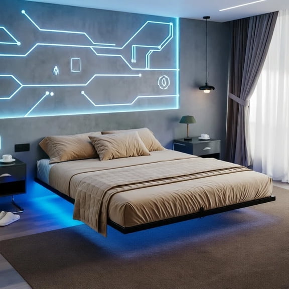 Evmore Floating Bed Frame with LED Lights, RGB Smart Bed with Hidden Foot Design & Over 60,000 Colors, Metal Slat Support, No Box Spring Needed, King