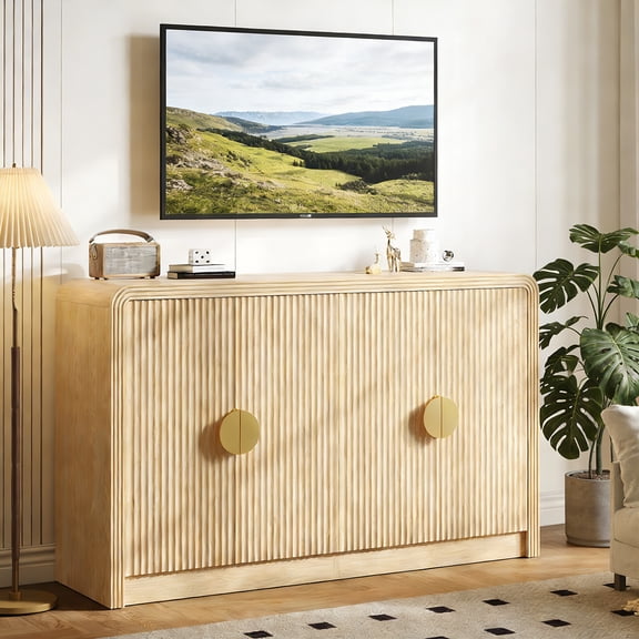 Evmore Mid-Century Modern 55" Buffet Cabinet, Unique Wavy Grain Oak Credenza, 6-Shelf Sideboard Server for Living Room, Fits TVs up to 60" Ideal for Entryway & Dining Storage