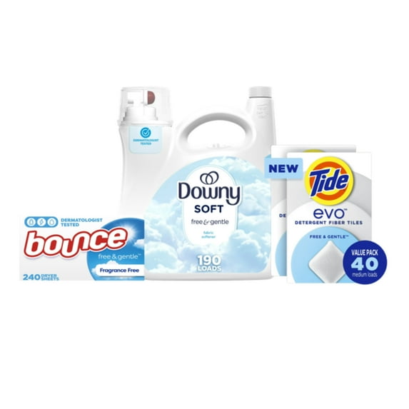 Ultimate Sensitive Skin Laundry Bundle: Downy Free & Gentle, Tide Evo, and Bounce Free & Gentle