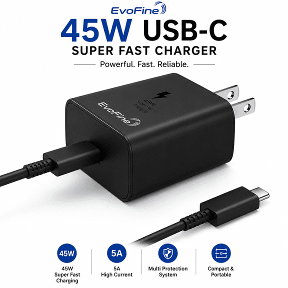 EvoFine 45W USB-C Super Fast Wall Charger for Samsung Galaxy S26+, S26 Ultra, S25 Ultra, S24 Ultra – PD 3.0 PPS Charger with 5A USB-C Cable