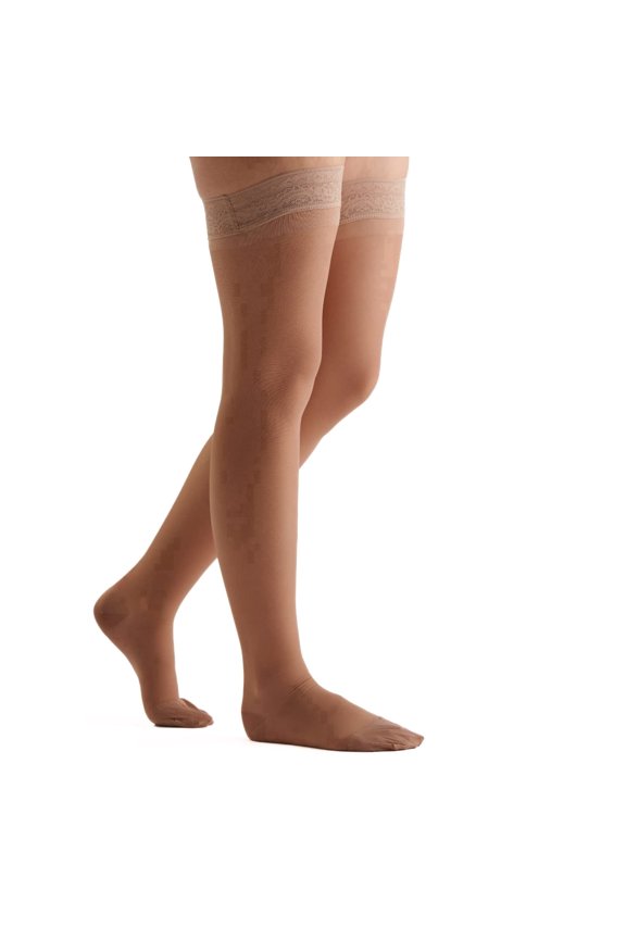 Women's Sheer Thigh High 15-20 mmHg Compression Stockings | Nylon-spandex fabric with lace-silicone top band, sandalfoot design and reinforced heel for secure all-day wear