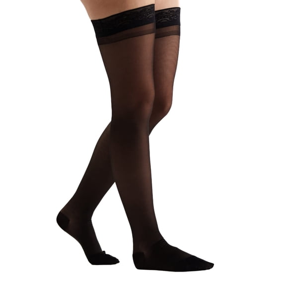 EvoNation Women's USA Made Thigh High Graduated Compression Stockings, 20-30 mmHg – Firm Pressure Sheer Socks, Lace Top Support Hose