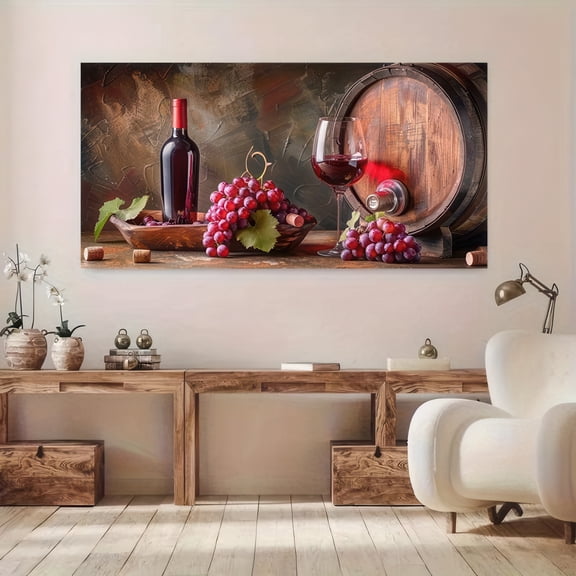 EvoNest Rustic Wine Still Life with Barrel and Grapes 1 x 48 Framed Painting Canvas Art Prints