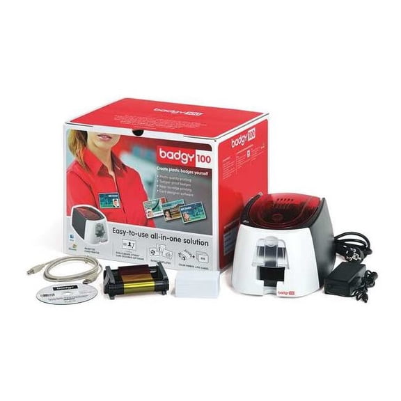 Evolis Badgy100 Plastic ID Card Solution - 40 Card Feeder, 40 Card Output Hopper - 16 Second Mono - 45 Second Color - 300 dpi - 16 MB - USB - PVC Card, Plastic Card