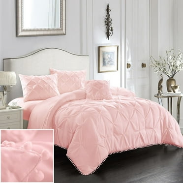 Evolive 4pc Set Pinch Pleat/Kiss Pleat, Pintuck Comforter Set with Pompom