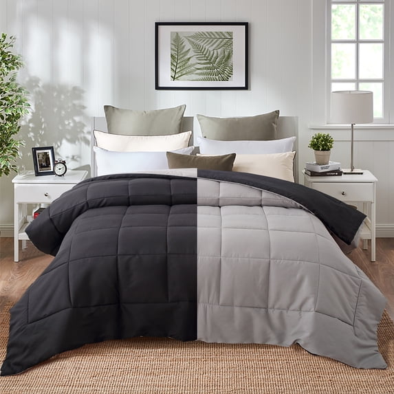 Evolive All Season Pre Washed Soft Microfiber Down Alternative Reversible Comforter with Box Stitching (Black/Grey, King)