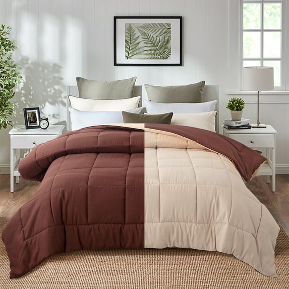 Evolive All Season Pre Washed Soft Microfiber Down Alternative Reversible Comforter with Box Stitching (Brown/Taupe, Full/Queen)