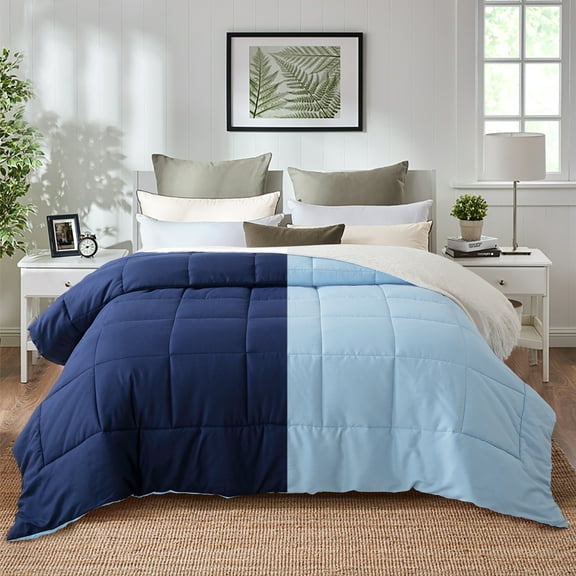 Evolive All Season Pre Washed Soft Microfiber Down Alternative Reversible Comforter with Box Stitching (Navy/Light Blue, Full/Queen)