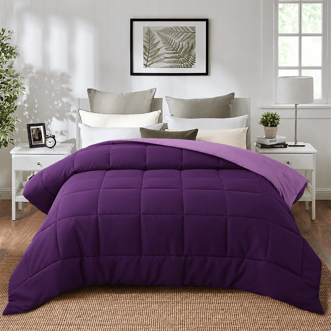 Evolive All Season Pre Washed Soft Microfiber Down Alternative Reversible Comforter with Box Stitching (Purple/Lavender, Full/Queen)