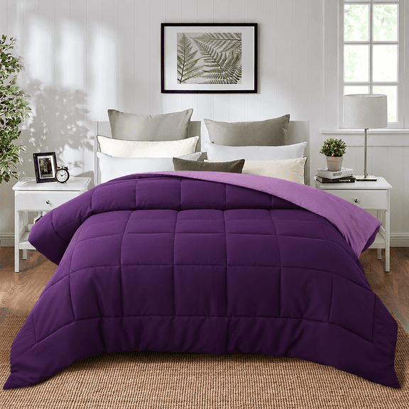 Evolive All Season Pre Washed Soft Microfiber Down Alternative Reversible Comforter with Box Stitching (Purple/Lavender, Full/Queen)