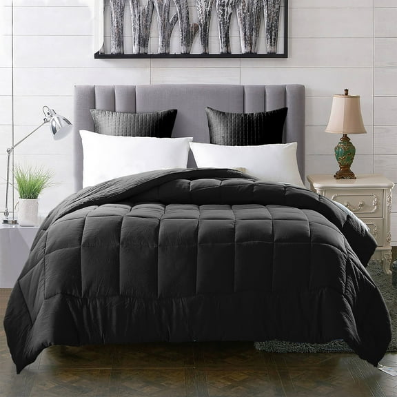 Evolive All Season Pre Washed Soft Microfiber White Goose Down Alternative Comforter with Box Stitching (Black, Full/Queen)