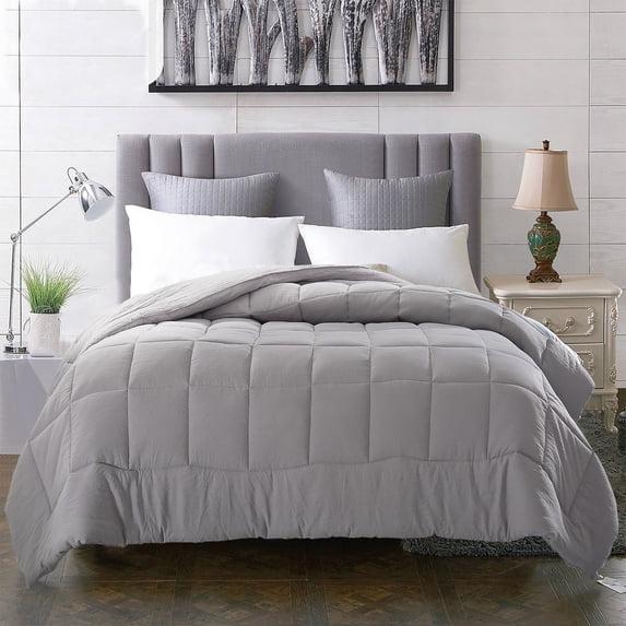 Evolive All Season Pre Washed Soft Microfiber White Goose Down Alternative Comforter with Box Stitching (Grey, Full/Queen)