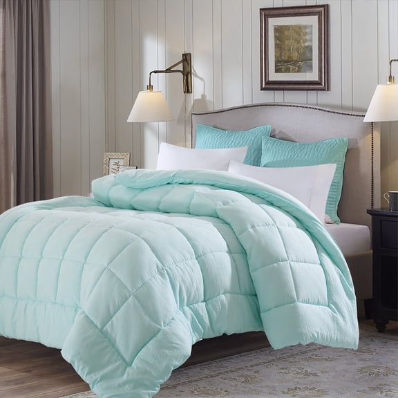 Evolive All Season Pre Washed Soft Microfiber White Goose Down Alternative Comforter with Box Stitching (Mint, Full/Queen)