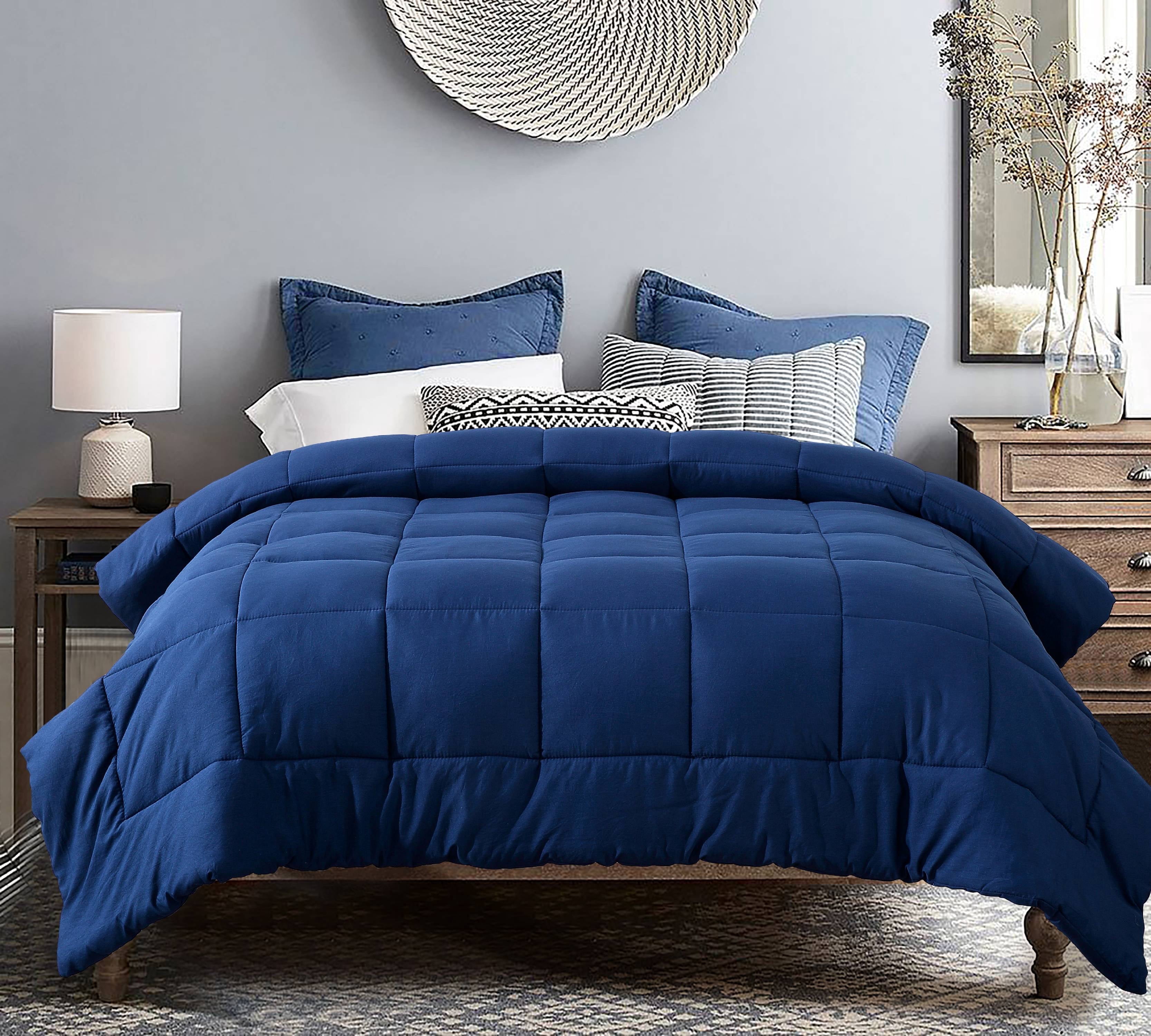 Evolive All Season Pre Washed Soft Microfiber White Goose Down Alternative Comforter with Box Stitching (Navy, King)