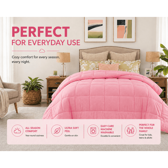 Evolive All Season PreWashed Microfiber White Goose Down Alternative ComforterEvolive All Season Pre Washed Soft Microfiber White Goose Down Alternative Comforter with Box Stitching (Pink, Twin)