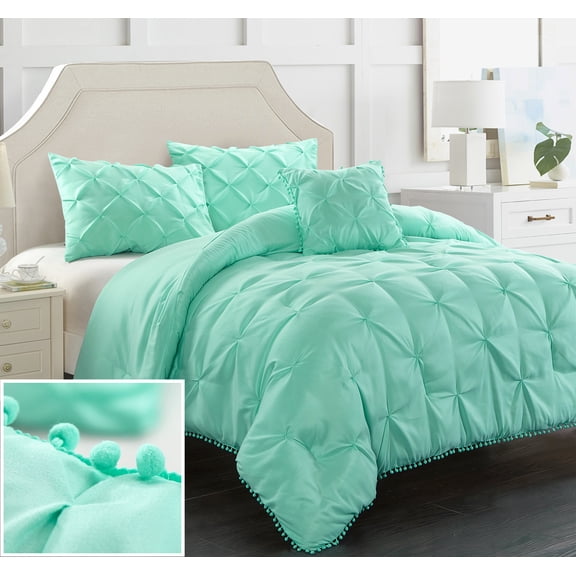 EVOLIVE 4-Piece Pinch Pleat Comforter Set with Pompom Fringe – Pintuck Down Alternative Bedding Set, Soft & Fluffy All-Season Comforter with Shams, Elegant Modern Style (King, Mint)