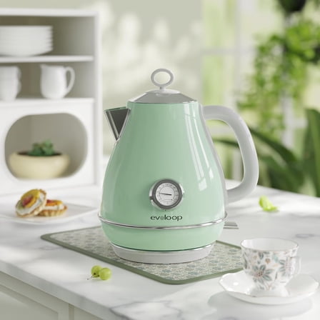 Evoloop Electric Tea Kettle, 1500W /1.7 Liter Hot Water Boiler  Pot, Retro Electric Kettle with Thermometer, Auto Shut-Off & Boil-Dry Protection, ,Stainless Steel Teapot