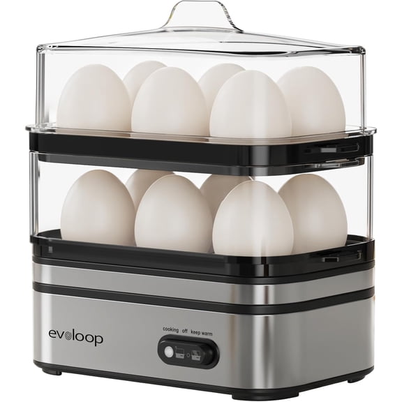 Evoloop Rapid Egg Cooker with Electric Tea Kettle - 12 Eggs Capacity & 1L Boiling for Fast Breakfast