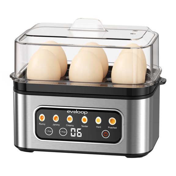 Evoloop Smart Electric Egg Cooker, 6-Egg Capacity Egg Boiler, One-Touch 6 Cooking Styles, Auto Shut Off & Dry Boil Protection, Buzzer Alert for Soft, Medium, Hard Boiled & Poached Eggs