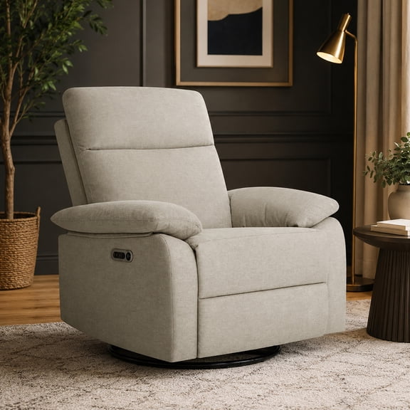 Evolur Asher Deluxe Power Recline Glider, Extra-Wide Nursery Recliner Chair with Adjustable Power Headrest, 275° Swivel, USB-A & USB-C Charging Ports, Ergonomic Lumbar Support, FSC Certified, Beige
