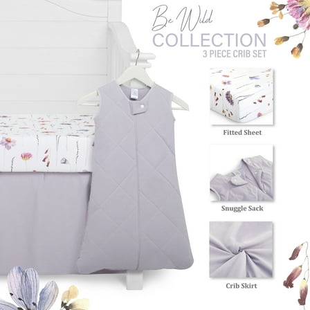 Evolur Be Wild Collection 3pc Crib Set (Fitted Sheet, Snuggle Sack, Crib Skirt) in Dusty Purple & Flower Print