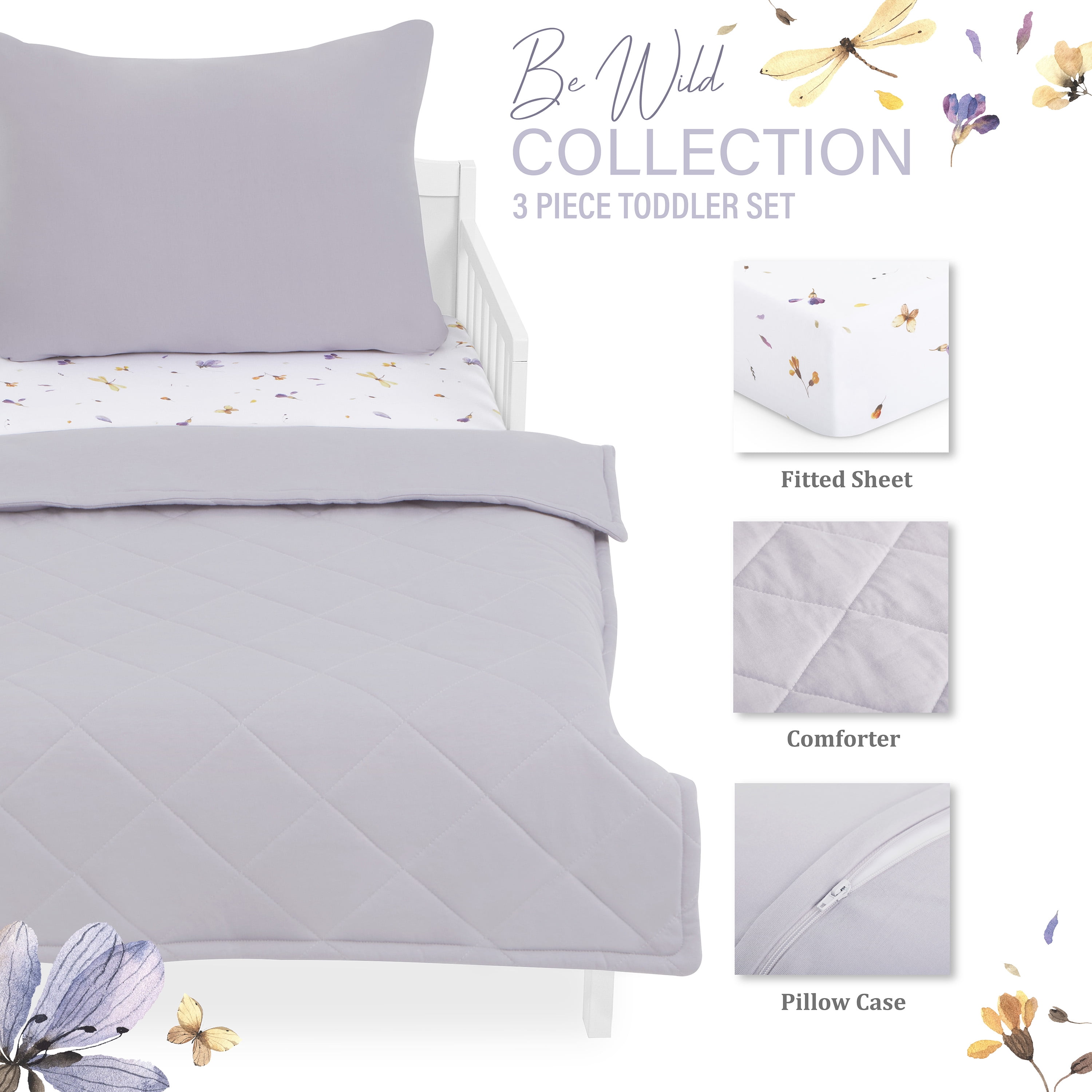 Evolur Be Wild Collection 3pc Toddler Bed Set (Fitted Sheet, Comforter, Pillow Case) in Dusty Purple & Flower Print