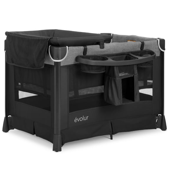 Evolur Cozy Cove All-in-One Portable Playard Black with Bassinet & Changing Table – Quick-Fold Travel Playard with Breathable Mesh Sides, Travel Bag Included