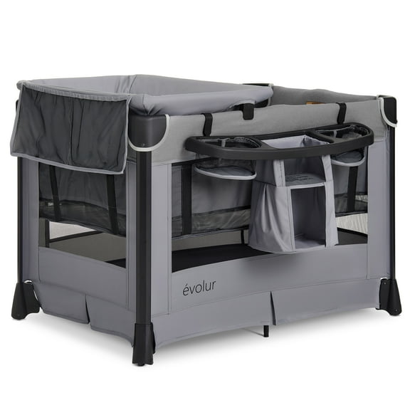 Evolur Cozy Cove All-in-One Portable Playard Gray with Bassinet & Changing Table – Quick-Fold Travel Playard with Breathable Mesh Sides, Travel Bag Included