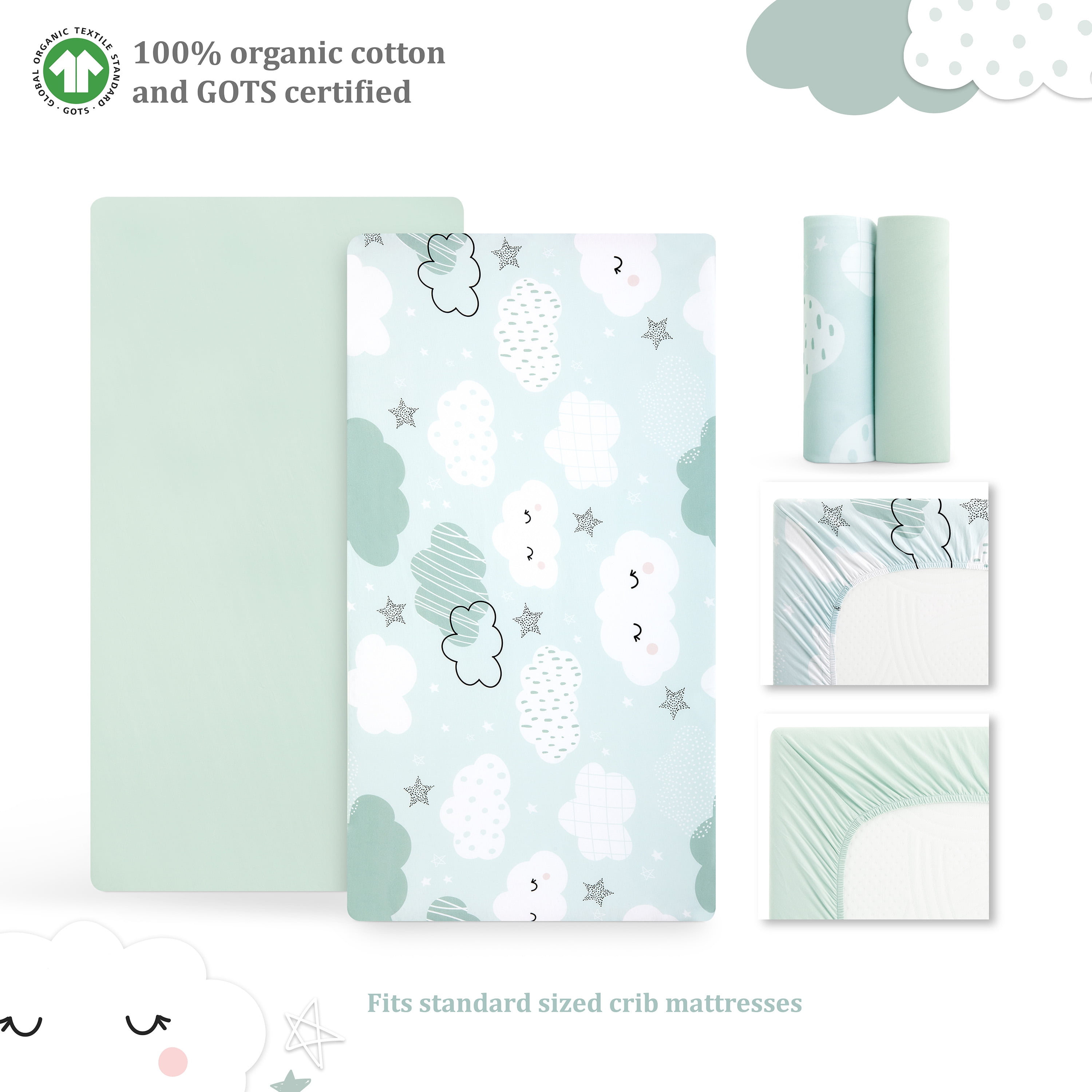 Evolur Dreamer Collection ( 2pc Sheet Set ), Seafoam Green & Cloud Print